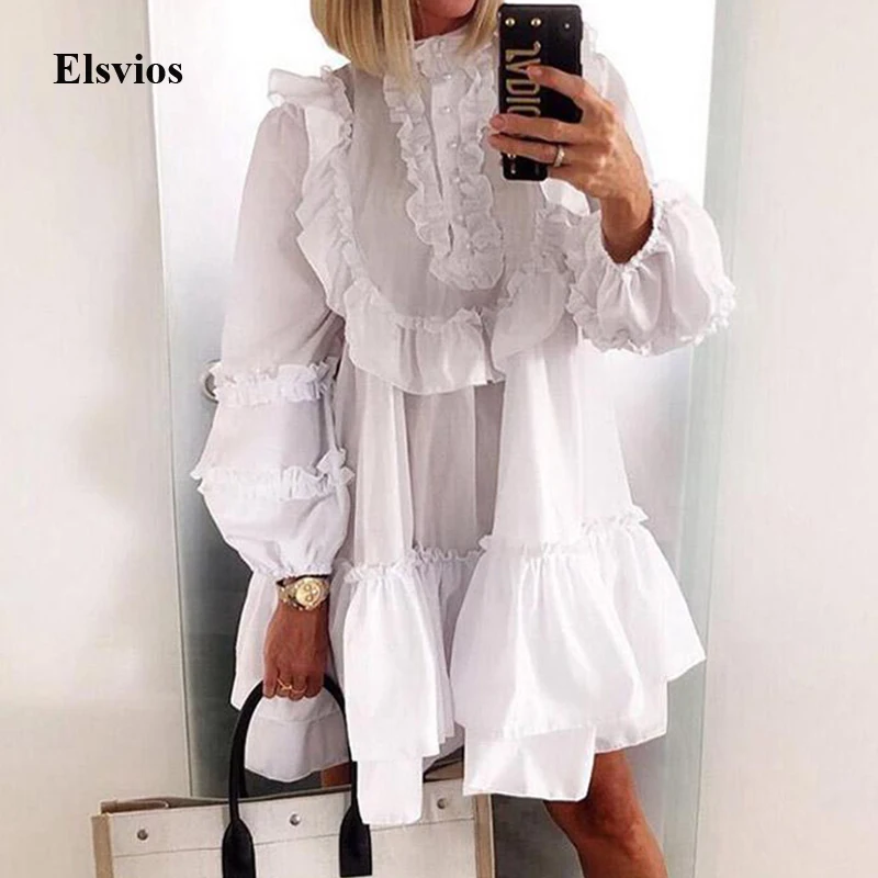 Осеннее платье с длинным рукавом фонариком женское пикантное свободное мини