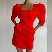 women sweet puff sleeve party dress elegant fashion square neck office lady dresses solid mini dress french style bodycon red