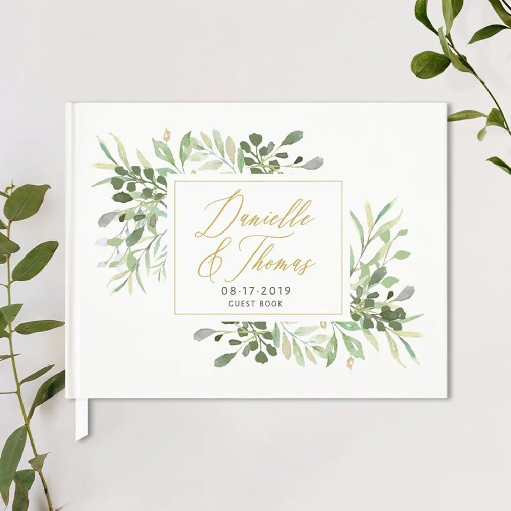 Свадебная книга с зеленым венком Гостевая золотым ландшафтом из фольги на заказ