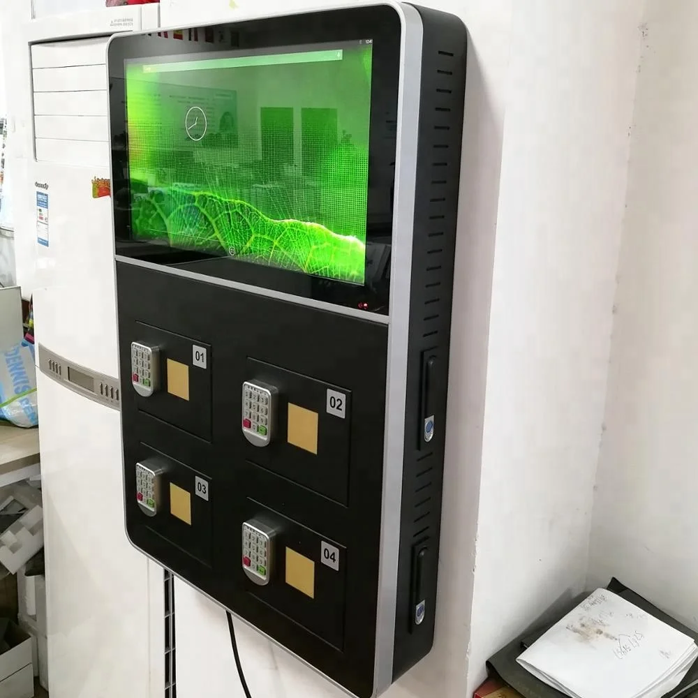 

4 compartment free phone charge station 21.5 inch wall mounting mobile phone charging station advertising digital signage kiosk