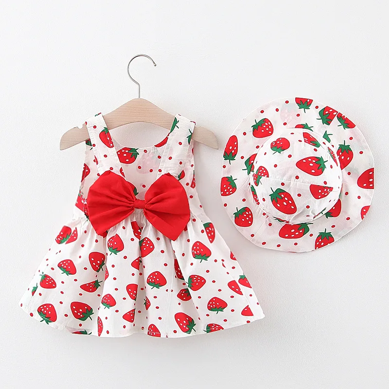 

Summer New Baby Girl Strawberry Suspender Skirt Girl Sweet Beach Skirt Bow Sun Hat Hot