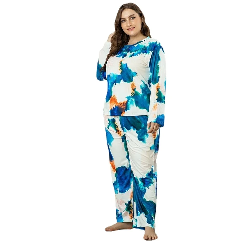 

D2049 Large Women's Spring and Summer Two Piece Printing Comfortable Loose Long Sleeve Pants