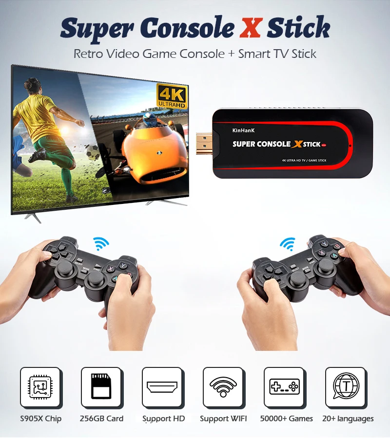 

Супер консоль X Stick Ретро видео Игровая приставка ТВ приставка 4k HD встроенные 50000 + игр для PSP/N64/DC/PS1 с беспроводными контроллерами