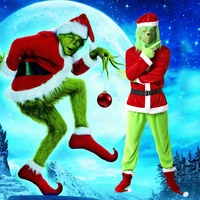 christmas grinch deluxe santa costume with green funny mask christmas hat furry adult santa suit outfit cosplay costume