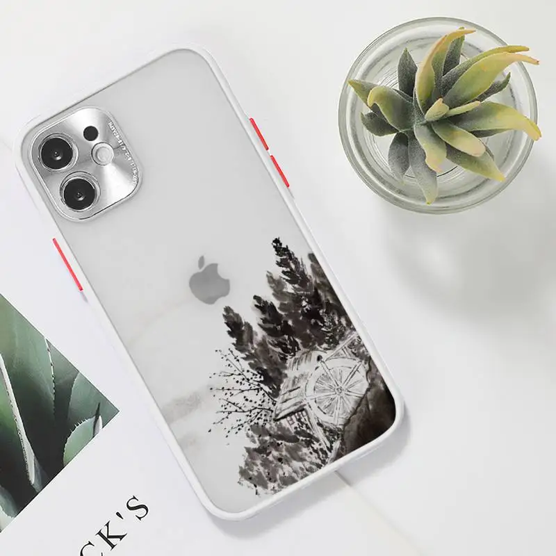 

Chinese style ink painting art abstract Phone Case For iPhone 12 11 Mini Pro XR XS Max 7 8 Plus X Matte transparent White Cover