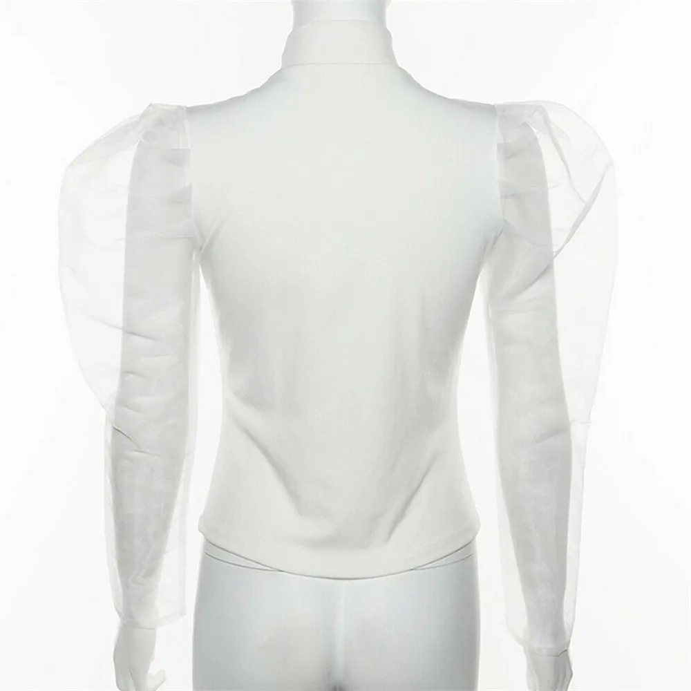 2019 Элегантный женский прозрачный сетчатый топ с пышными длинными рукавами для