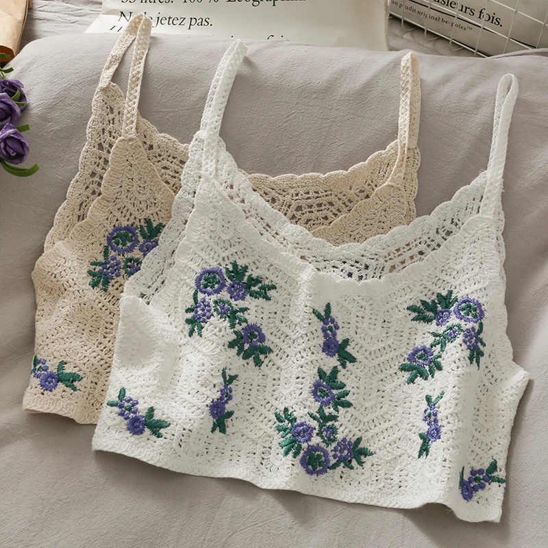 

Knitted crop tops spaghetti strap tanke top embroidered cami hollow perspective slim fit camisole sleeveless 2021 new ins