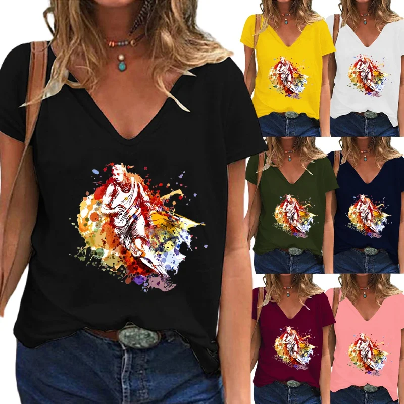 

New Fashion Women Summer Solid Color Short Sleeve V-neck T-shirt Sport Printed Shirt Casual Loose Blouse Tops Plus Size