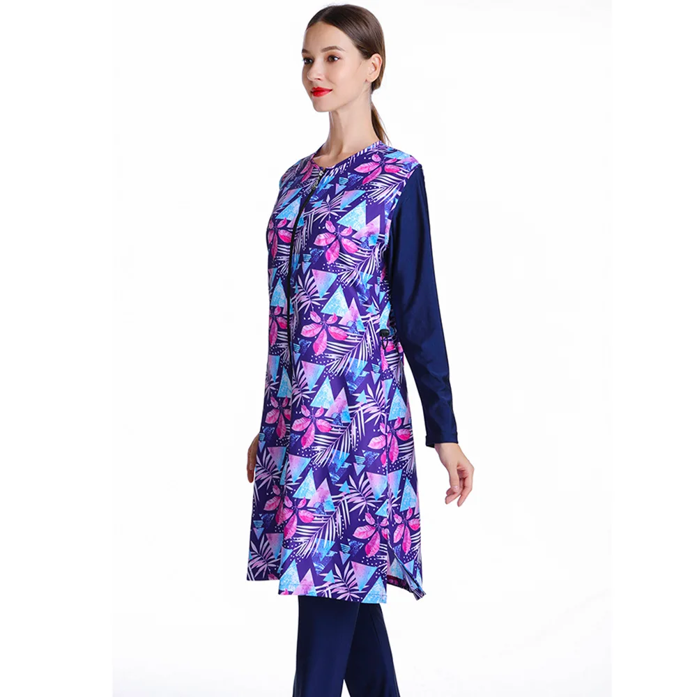 

Summer Islamic Women Muslim Swimwear Dress Pants Set Print Burkini Swimsuit Swim Surf Wear Sport Full Suit Swimming 3 Piece Sets