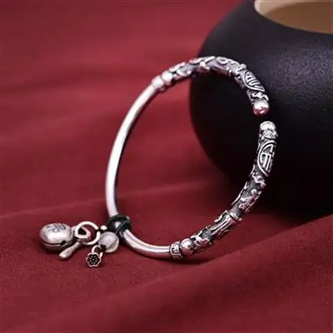 

Lucky Lucky Bracelet Women's Sterling Silver S925 Pure Silver Retro Ethnic Style Jewelry Ancient Bracelet Solid Open Silver Brac