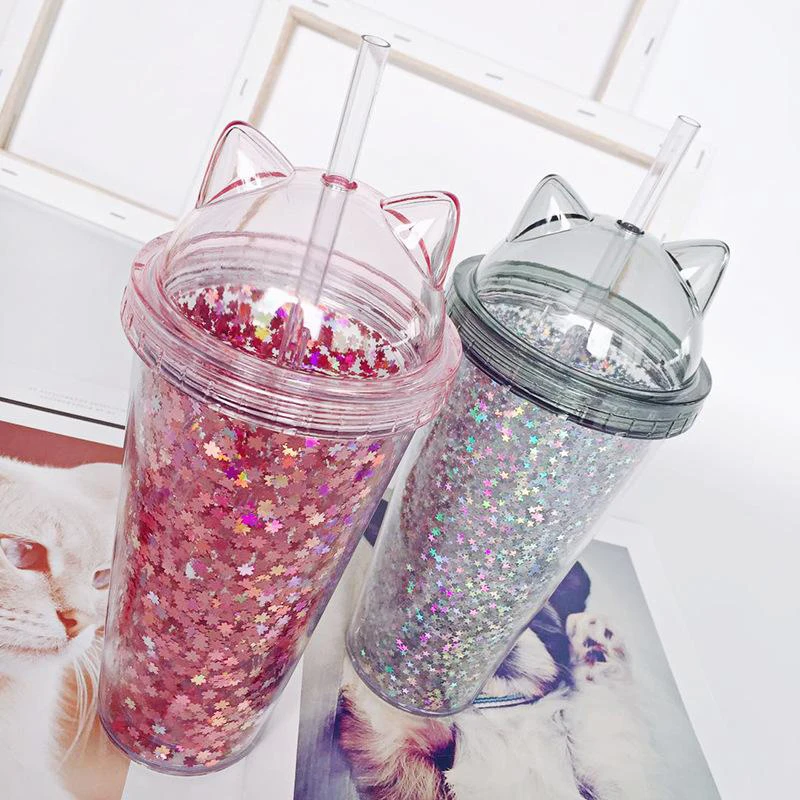 

420ML Plastic Cup with Straw Sequin Double Layer Water Bottle Cat Ear Cute Tumbler Birthday Gift Summer Drinkware Dropshipping