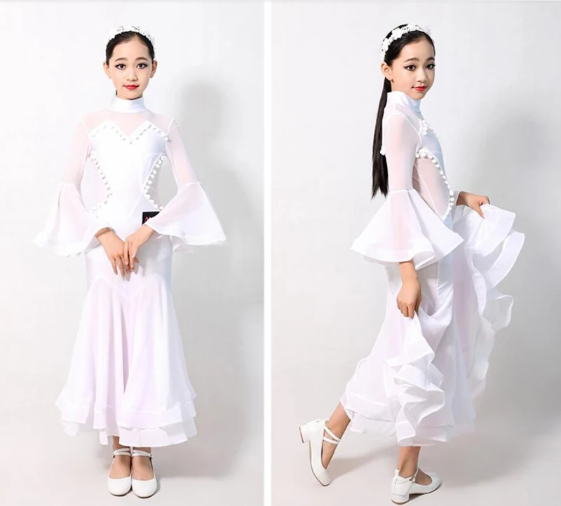 

Standard Ballroom Dance Dresses Children Elegant White Waltz Competition Dancing Skirt Girl's Classical Dance Dress