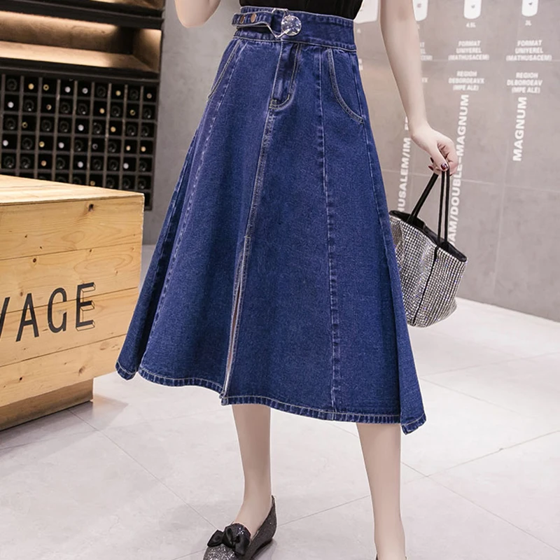 Синий Высокая уличная Женская длинная джинсовая юбка с коротким и широким