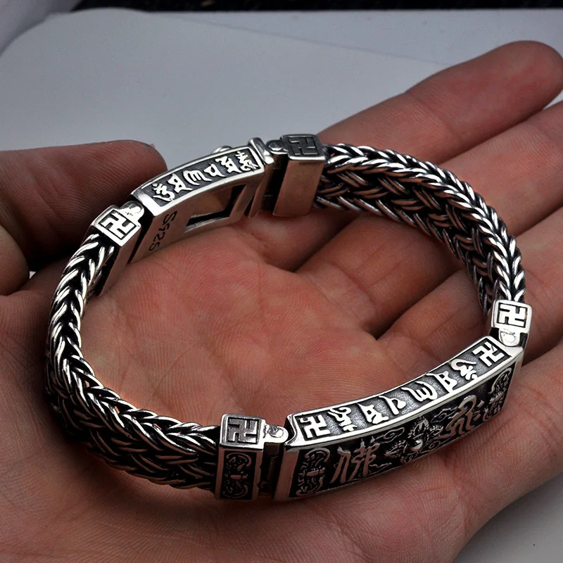 Тяжелый 925 пробы Серебряный Тибетский мантра браслеты для мужчин плетеные шесть