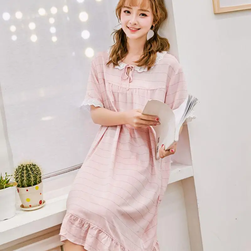 Female Sleepwear Summer Short Sleeve Night Dress Cotton Nightgown Negligee Casual Sleep Shirt Plaid Nightwear Nightdress - Color: Pink