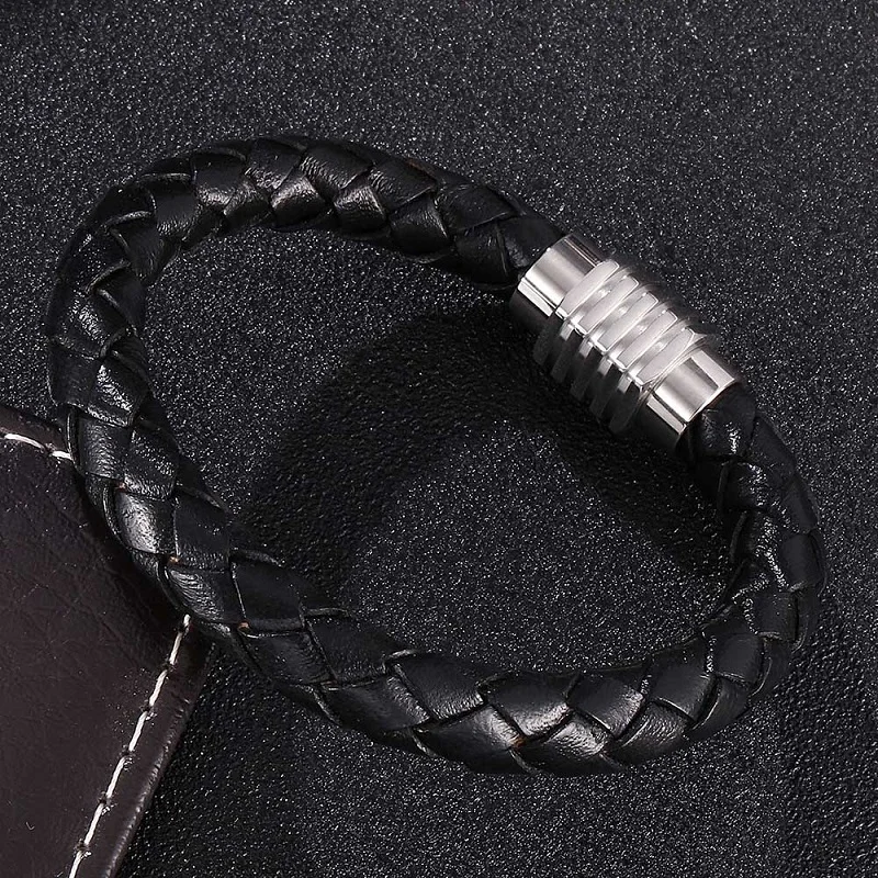 Мужской плетеный кожаный браслет 8 мм из нержавеющей стали с магнитной застежкой