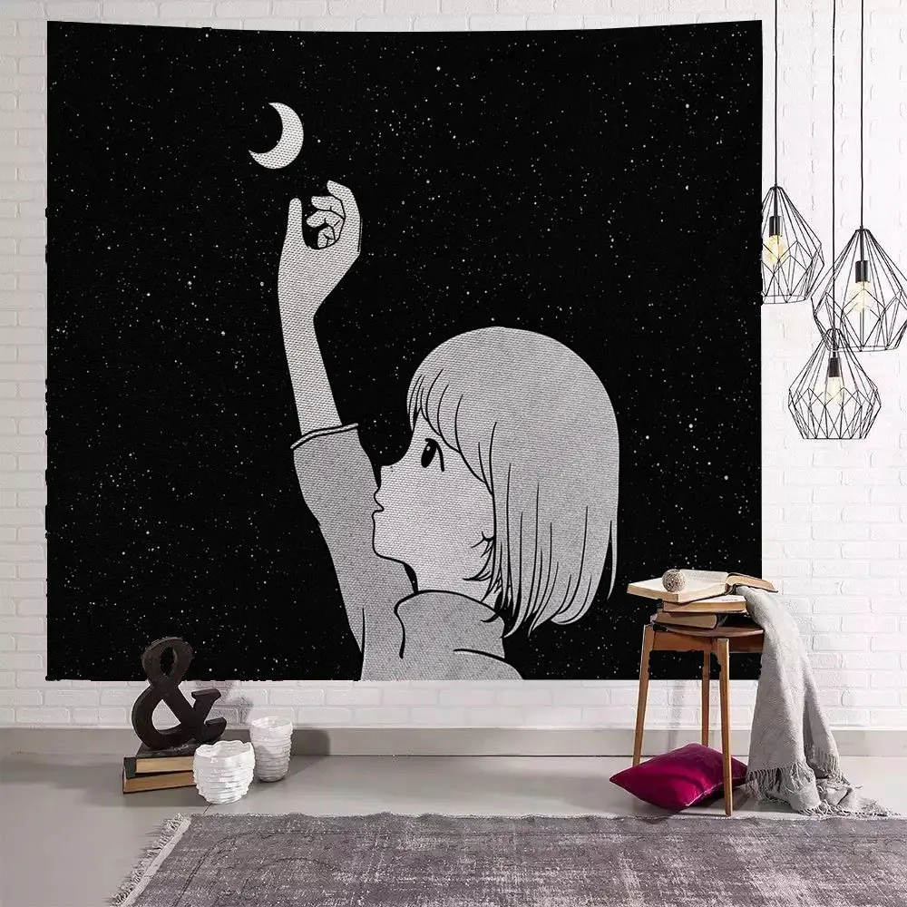 

Черный гобелен с мультяшным рисунком, украшение для спальни, гостиной, Женский подвесной пляжный коврик, Настенный декор, устойчивый к пятн...