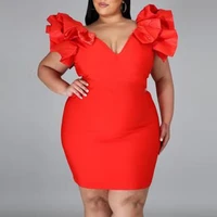 summer bandage dresses women sleeveless ruffles red v neck hig waist sexy bodycon mini cocktail evening party robe for ladies