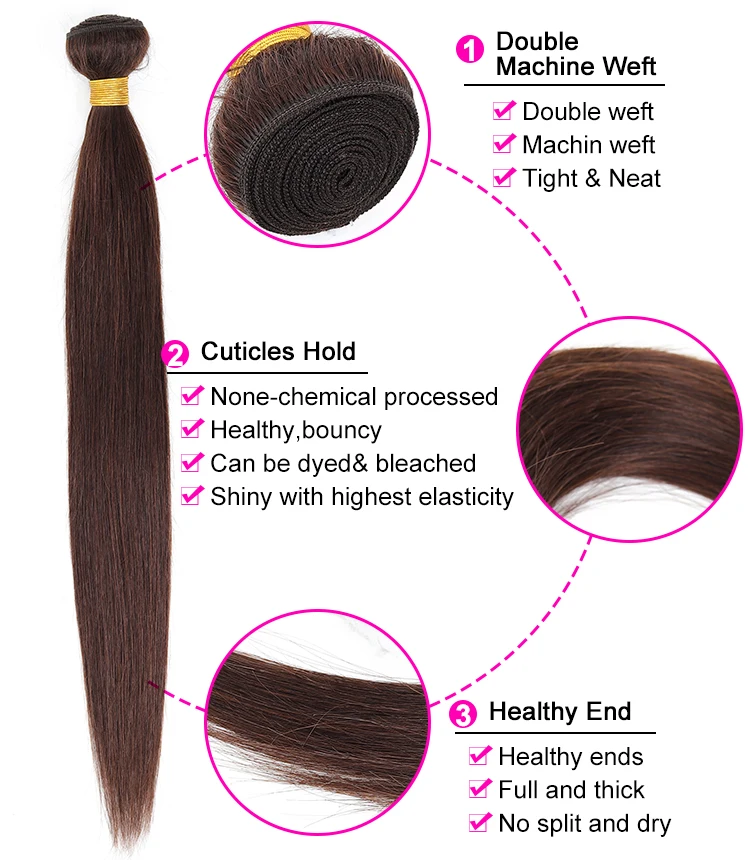 Прямые человеческие волосы в пучках с закрытием Бразильский коричневый 3 пучка