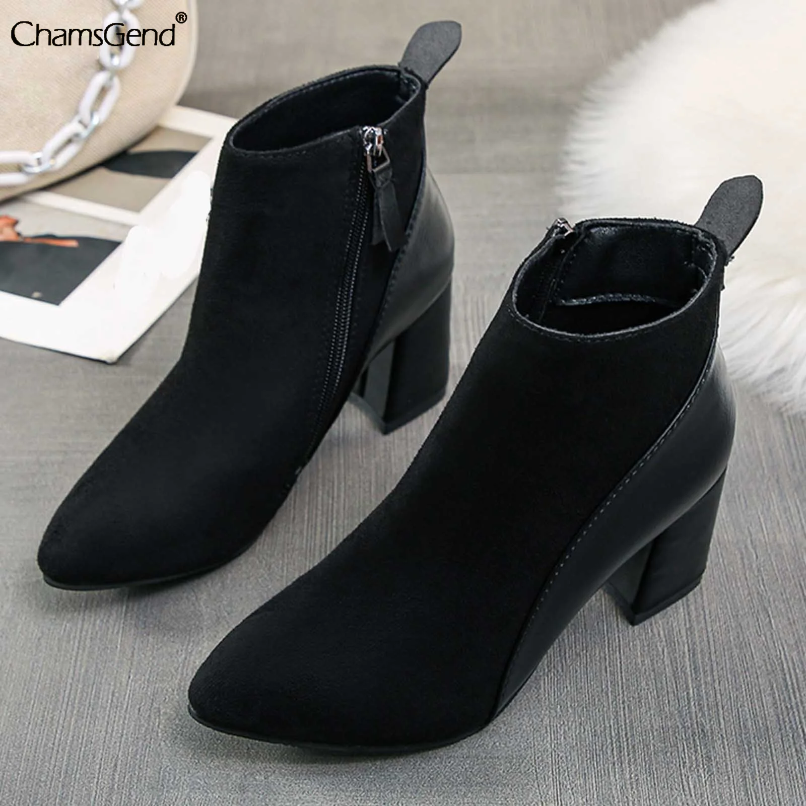 

Женские ботильоны на высоком каблуке, ботинки из флока, с молнией и острым носком, 2021