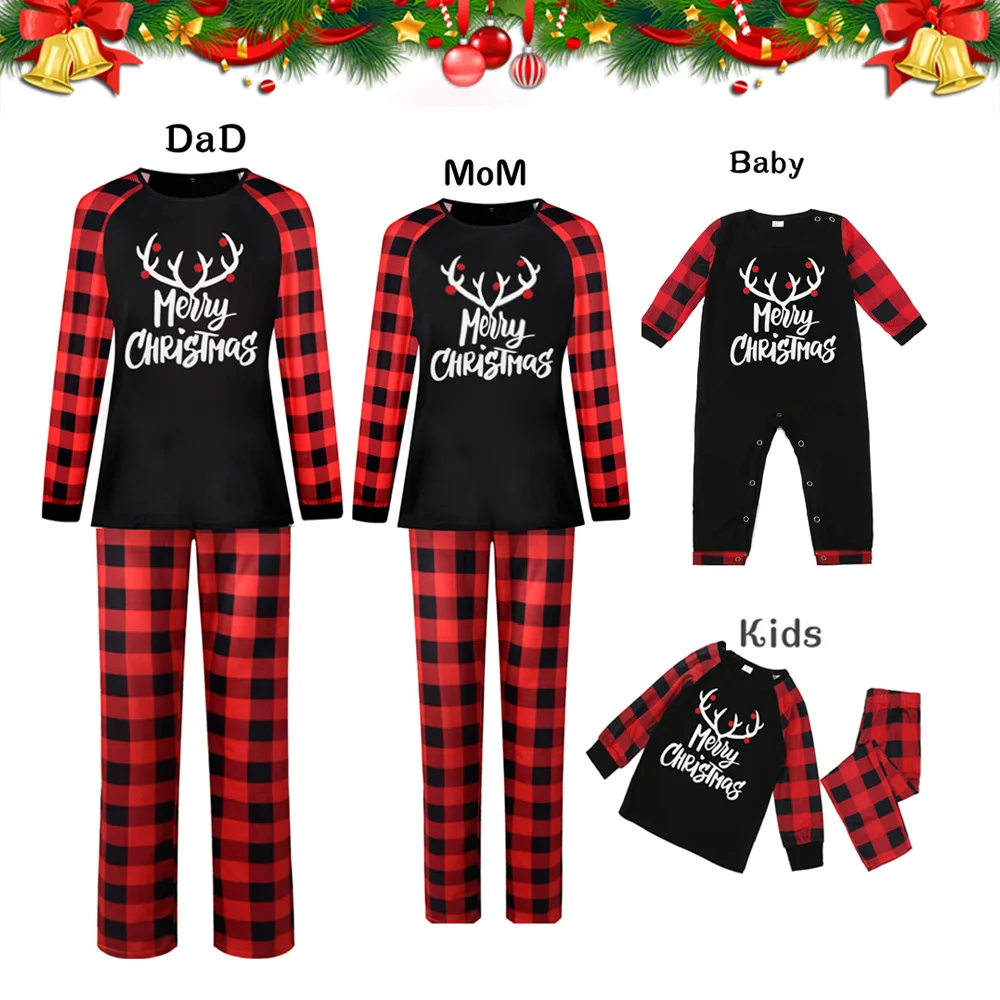 

Christmas Family Matching Pajamas Parent Child Letter Sets Black Color Plaid Clothes Dad Son Underwear Mother Daughter Homewear