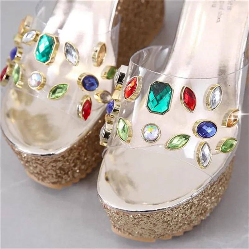 

New Slipper Women 2020 Summer fashion platform sequined slippers slope heel women shoes Rhinestone Transparent Wedges Slides 40