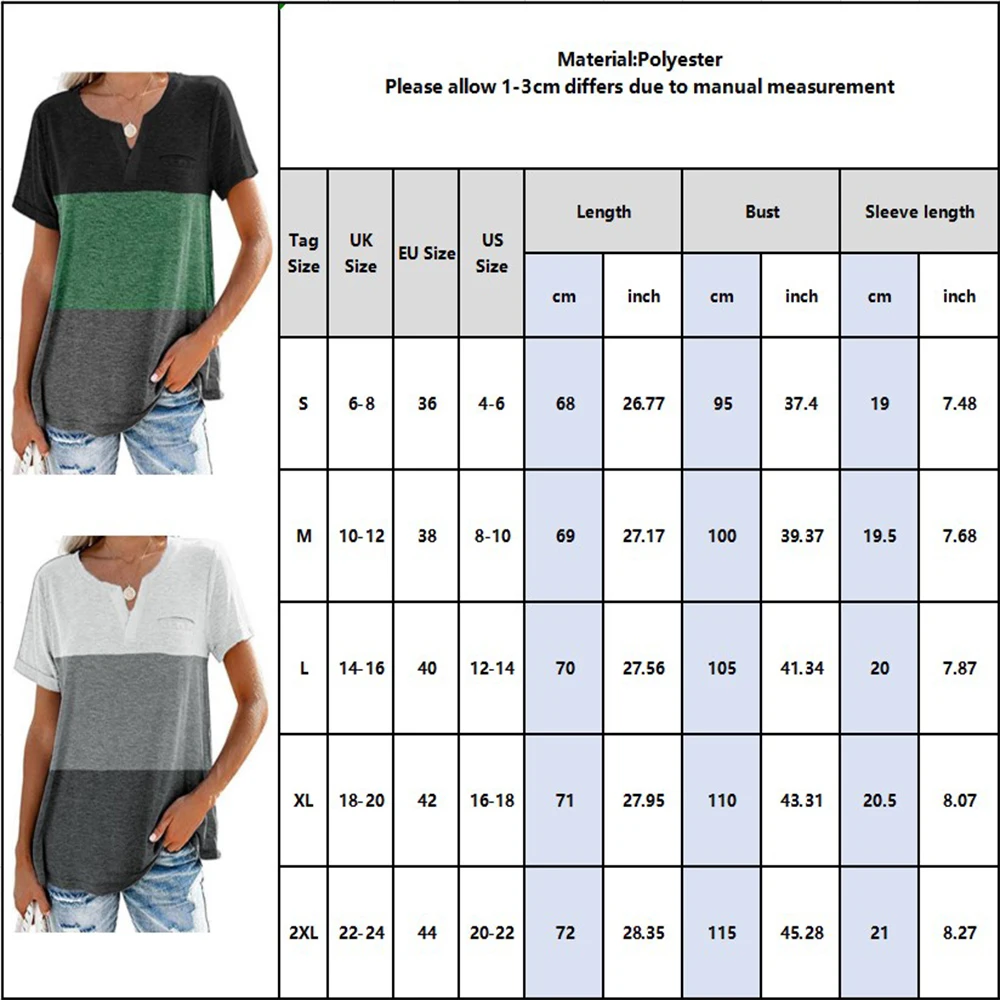 

Women's V-Neck Three Color Matching Printed Pocket Casual Short-Sleeved T-shirt Summer Loose Fashion Basic Style Tee Tops D30