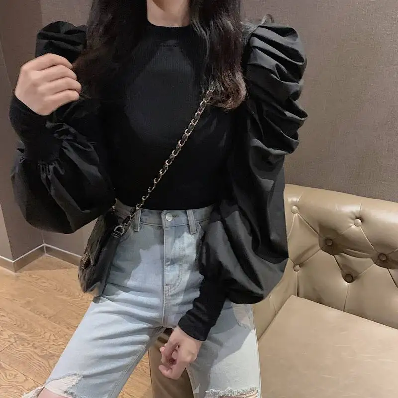 Korean O Neck Puff Long Sleeve Design Blouse Women Patchwork Knitted Slim Fit Short Blusas Autumn Spring 2020 New Shirt