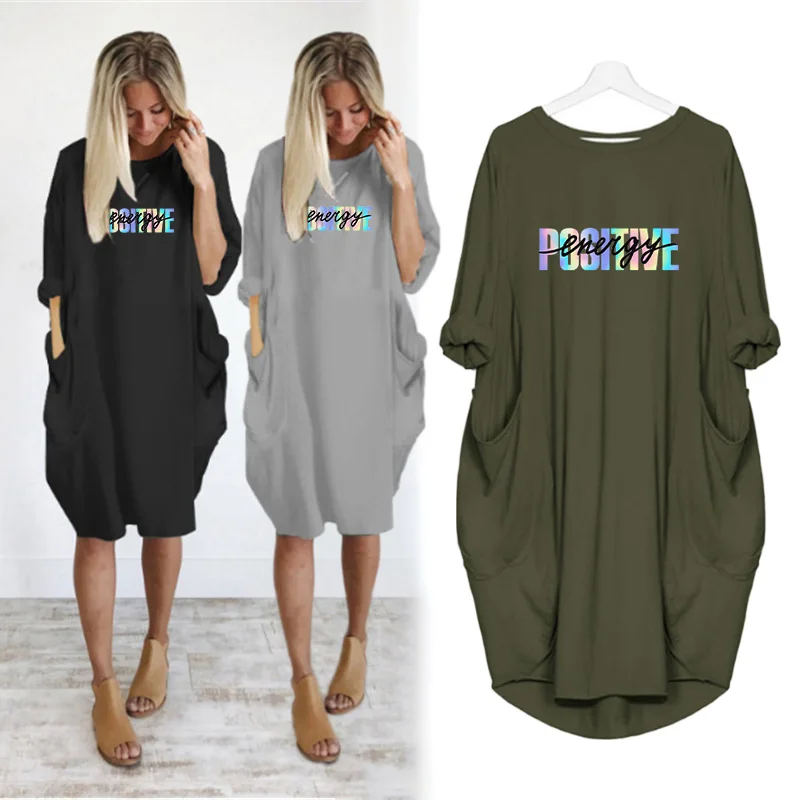 

Autumn Woman Dress Letters Printing Loose Long Sleeve Round Neck Pocket Casual Party Midi Dresses Femme Sukienki