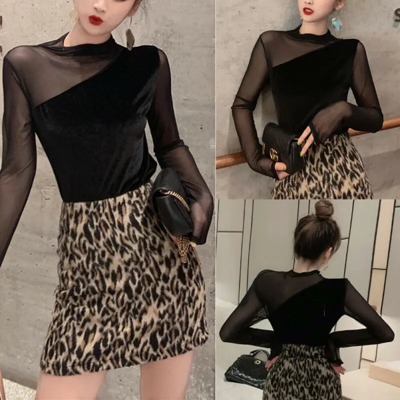 Модная женская сексуальная рубашка с длинным рукавом сетчатые тонкие топы