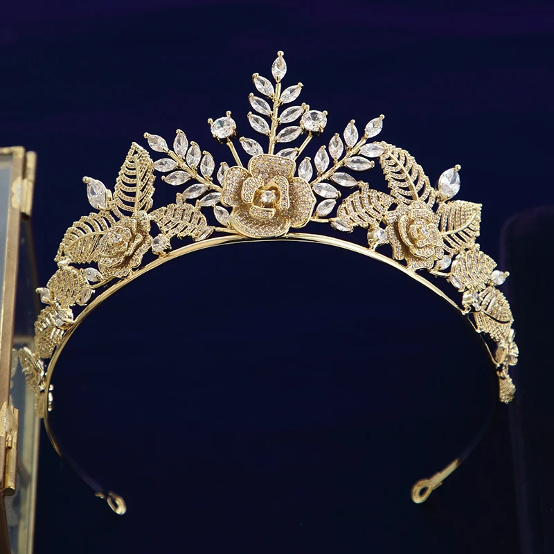 Sparkling Gold Flower Cubic Zircon Bridal Tiaras Crown Brides Diadema Wedding Hair Accessories