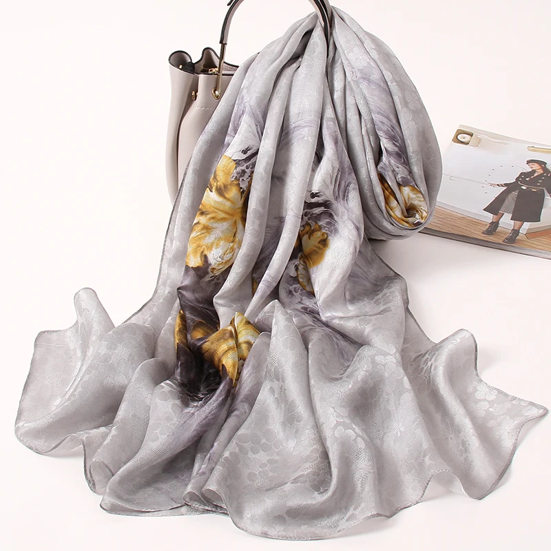 

100% Pure Silk Scarf Women Hangzhou Echarpe Shawls Wraps 2021 Handkerchief Printed Foulard Femme Natural Silk Neck Scarves