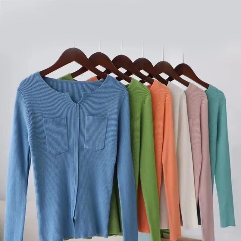 

Autumn New Korean Style Pockets Solid Color Sweater Sexy Slim V-neck Long-sleeved Women Knitted Pullover