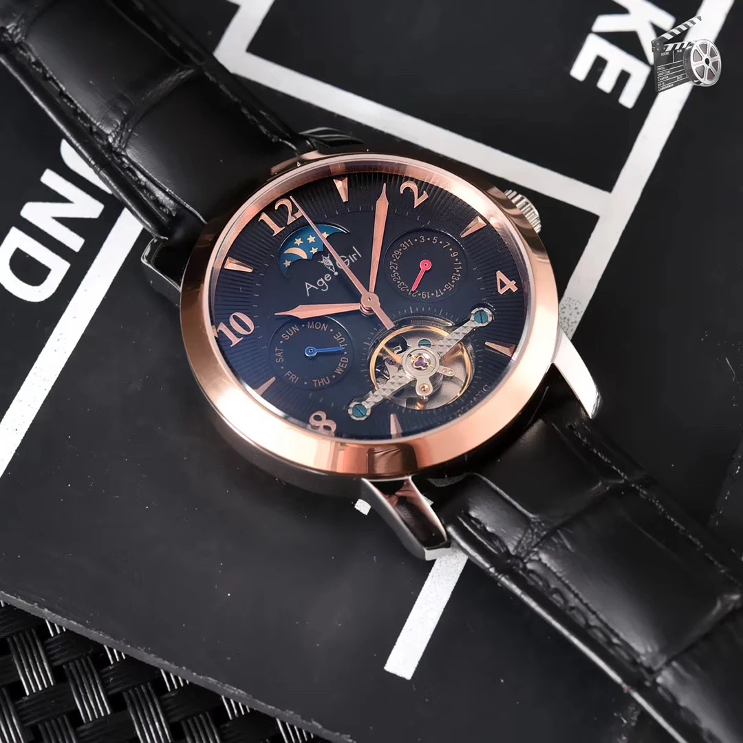 

Classic New Men Rose Gold Black Leather Automatic Mechanical Sapphire Moon Phase Tourbillion Watches Glass Back See Through
