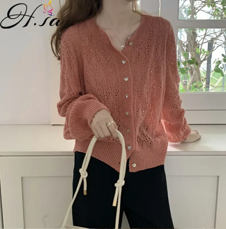 

H.SA Loose O Neck Single-breasted Knit Cardigan Sweater Coat Hollow Out Solidl Sweet Chic Fashion Retro Lazy Gentle Wild