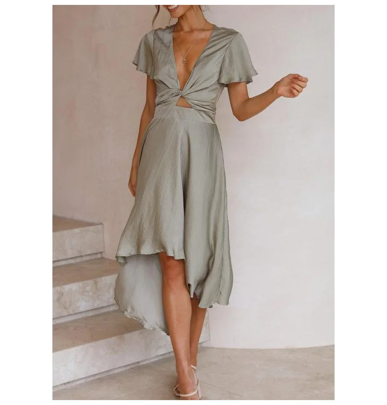 

2021 Summer Sexy Temperament Women's Short Sleeve V-neck Dress Women Elegant Party Dress Solid Color Vestidos Robe