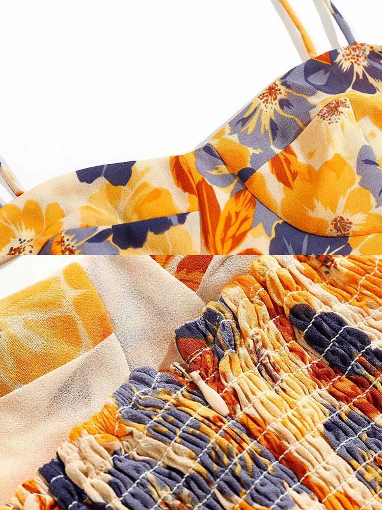 

yinlinhe Elastic Gathered Sexy Summer Dress Split French Style High Waist Yellow Floral Backless Braces Long Dress Women 2055