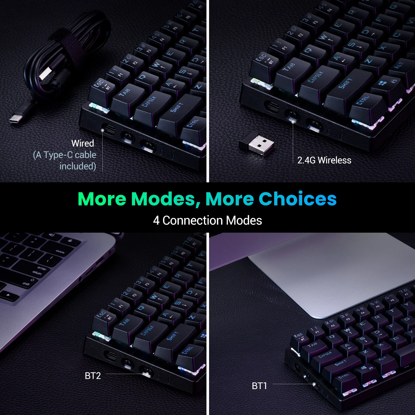 mpow pc335 2 4ghz wirelessbluetoothwired 60 mechanical keyboard 61 keys 3 modes rgb gaming keyboard with blue switch for fps free global shipping