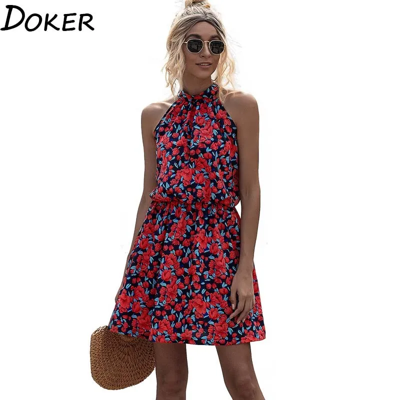 

2020 New Summer Floral Sleeveless Dresses Women Off Shoulder Sexy Elegant Red Mini Dress Plus Size Beach Casual Boho Short Dress