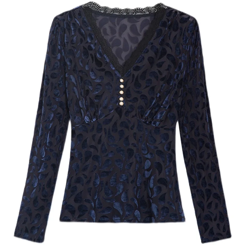 

New 2021 V-neck Velvet Long-sleeved Women's T-Shirt Fashion Casual Splicing Lace Top Elegant Slim Flocking Bottoming shirt