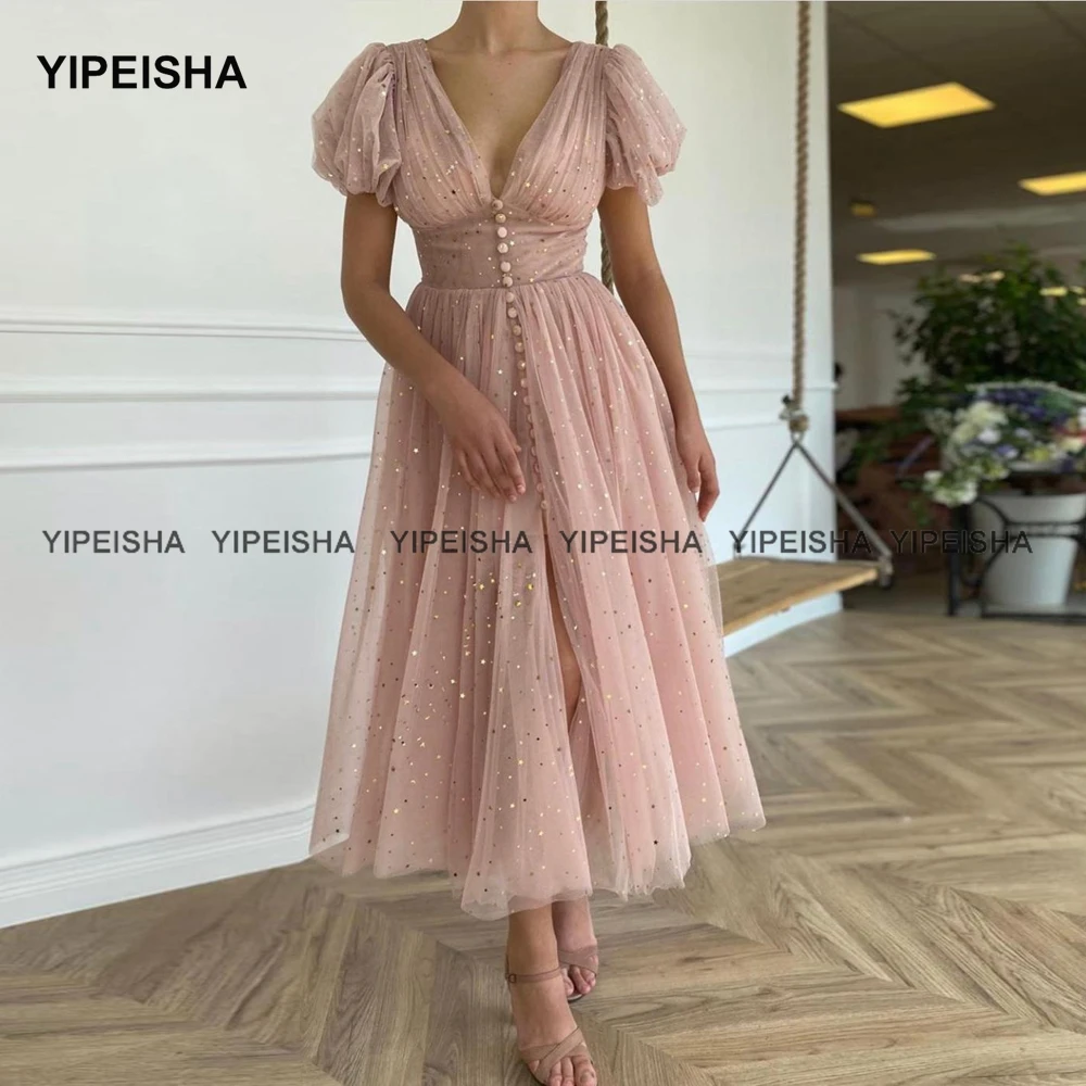 

Yipeisha Glitter Blush Short Prom Dresses V-Neck Puff Sleeves Tulle Cocktail Dress Front Slit Tea-Length A-Line Party Gown