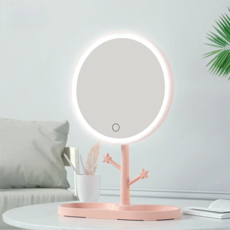 

LED Makeup Mirror With Light Ladies Makeup Lamp With Storage Desktop Rotating Mirror Round Shape Cosmetic Mirrors Christmas Gift