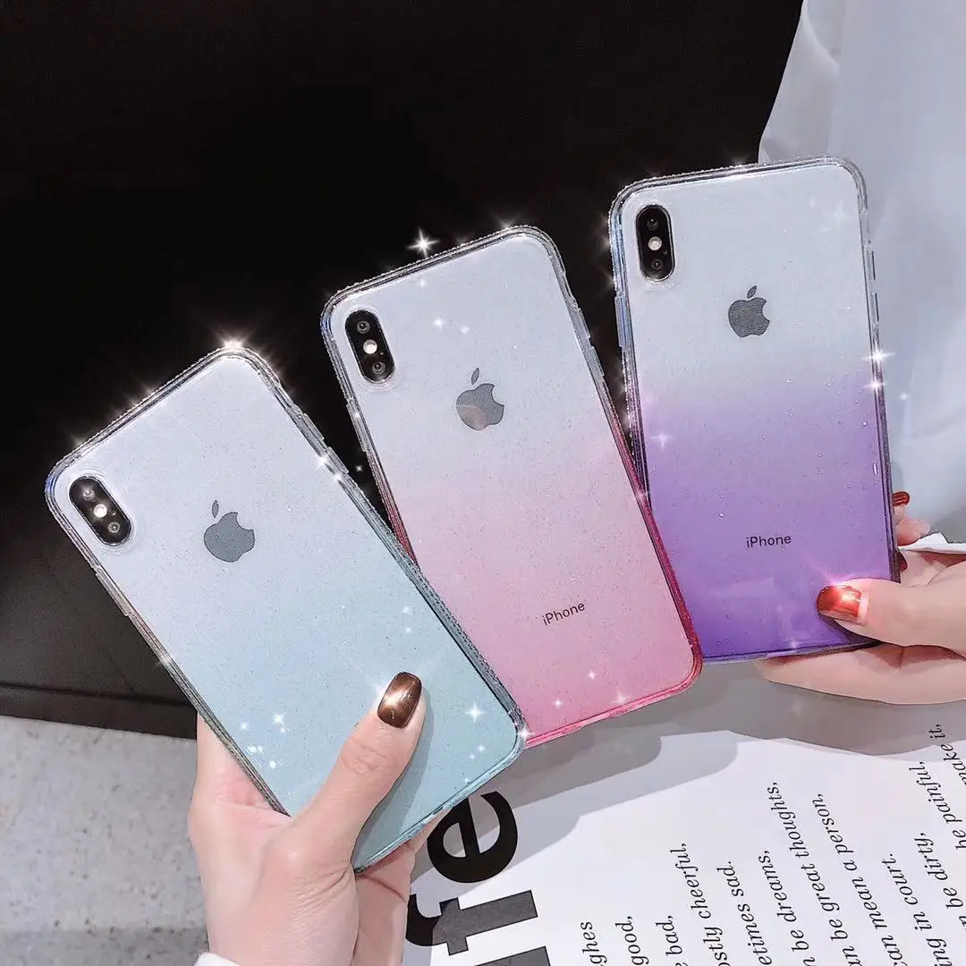 Градиентный Алмазный Мягкий Прозрачный чехол для iPhone 7 8 Plus XS MAX 10 XR X 6 6s Блестящий