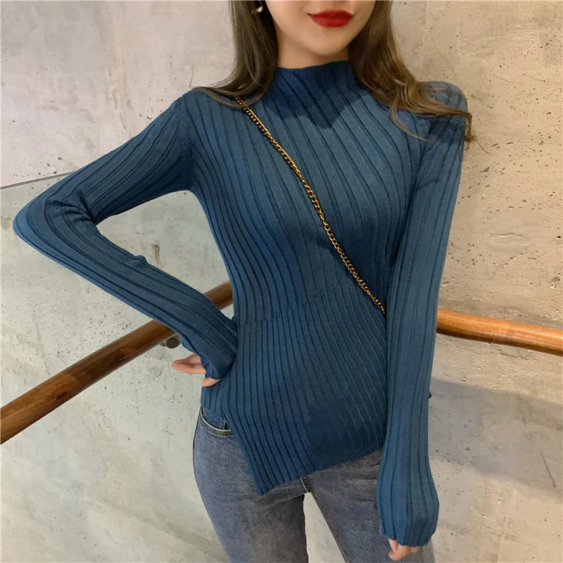 

Fashion Autumn Winter Irregular Blue Sweater Women Streetwear Slim Sexy Knitting Pullover Half Turtleneck Sweaters Plus Size 4XL