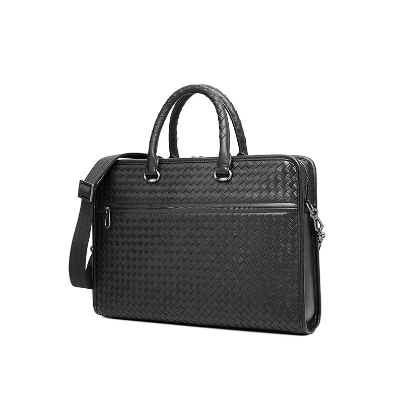 Men's Luxury Brand Business Briefcase Large Capacity Authentic Leather Sheepskin Woven Classic Shoulder Handbag 15-Inch Notebook