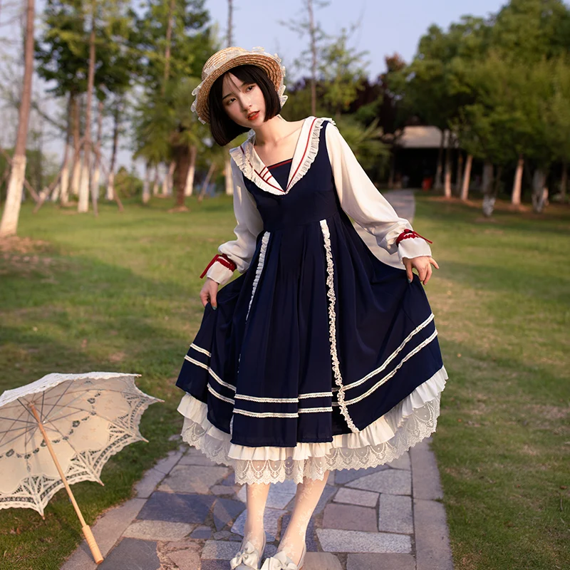

Navy Style Light Lo White Blue Matching Chiffon Long Sleeve Cosplay Victorian Gown Costume Lolita Gothic Blouse Victorian Gown