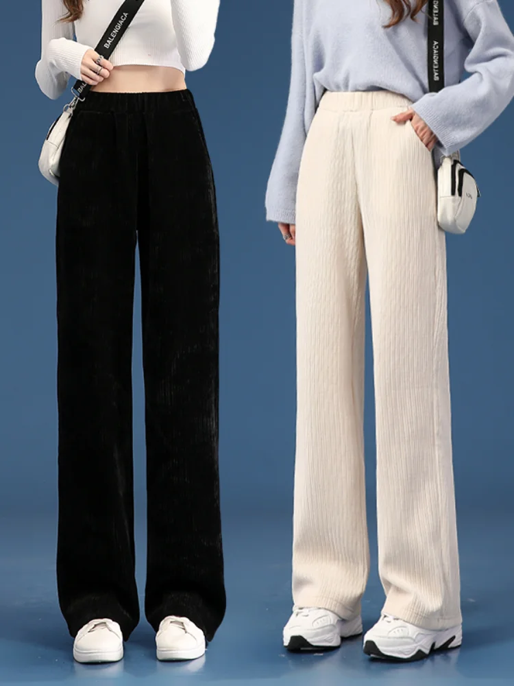 

Women Warm Winter Plush Thick Pants Lambskin Cashmere Corduroy Trousers High Waist Casual Cotton Loose Female Wide Leg Pants