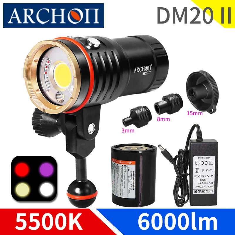 Original ARCHON DM20 II 5200K 6000lumen Diving Video&Spot Lights HD Red UV Photo Torch Underwear 100m Dive lighting Flashlight