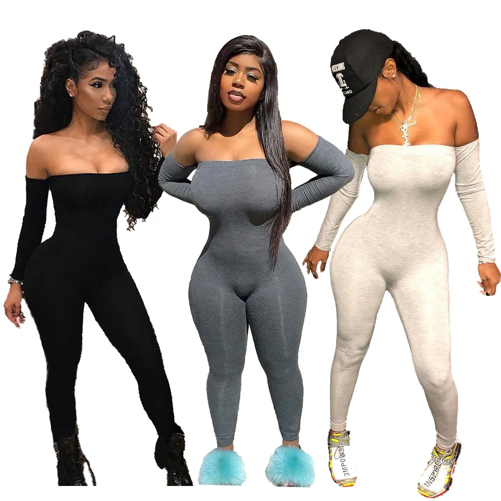 

Sexy Tube Top One Piece Ladies Long Sleeve Off Shoulder Solid Color Bodycon Jumpsuit Women