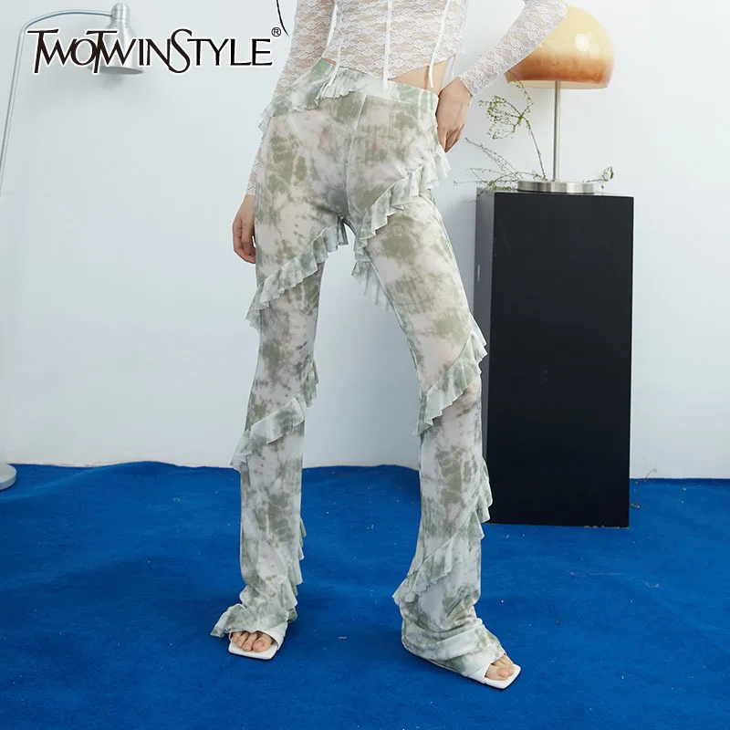 

TWOTWINSTYLE Tie Dye Print Flare Pants For Women High Waist Patchwork Ruffle Slim Trousers Female Fashion New Clothing Spring